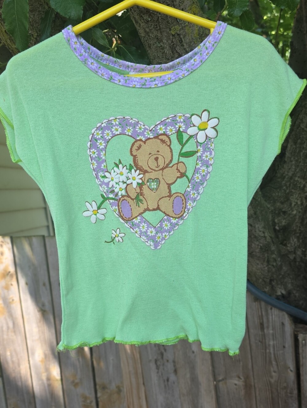 Basic Editions Mint Green Teddy Heart Tee with Lavender Trim Vintage